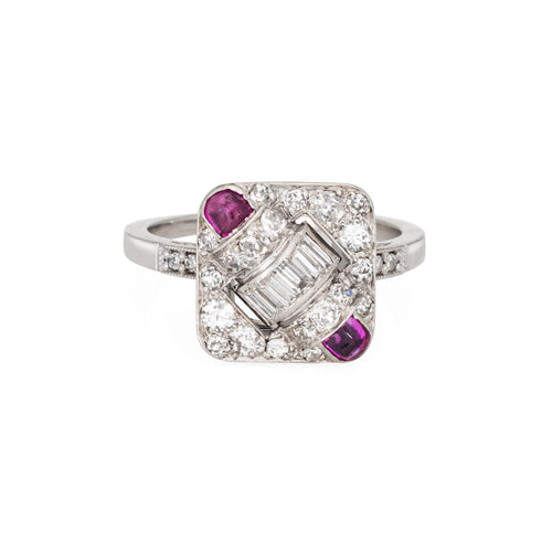 Bague 55 Art déco - Bague carrée en platine 900, diamants et rubis, années 1920 58 Facettes G14072