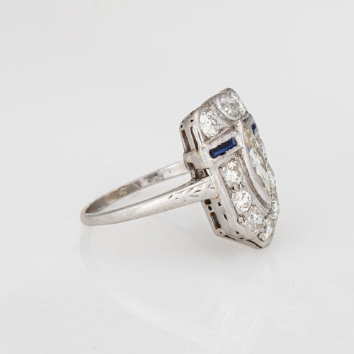 Bague 51 Art déco - Bague bouclier en platine 900, diamants et saphirs 58 Facettes G14026