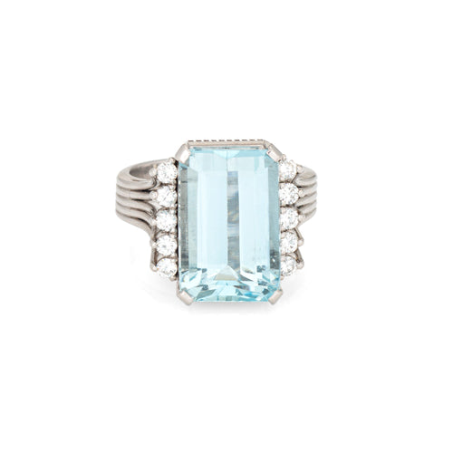 Bague 52 Bague cocktail aigue-marine 7,28 ct et diamants en platine 900 58 Facettes G14156