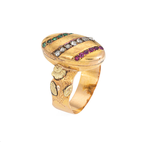 Bague 56 Belle Époque - Bague ancienne en or jaune 18 carats, diamants, rubis et émeraudes 58 Facettes G14137