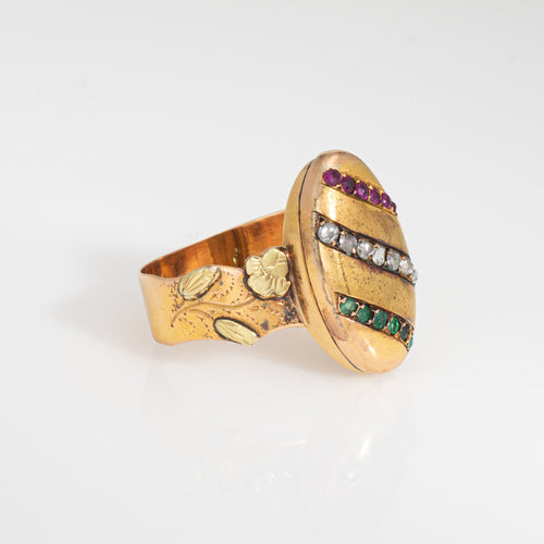 Bague 56 Belle Époque - Bague ancienne en or jaune 18 carats, diamants, rubis et émeraudes 58 Facettes G14137