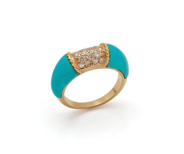 Bague 49.5 Bague jonc en or jaune 18 carats avec turquoise et diamants 58 Facettes B362C