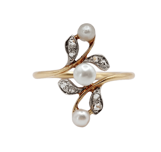 51 Bague fleur Art nouveau en or 18k, platine, perles et diamants 58 Facettes A07565