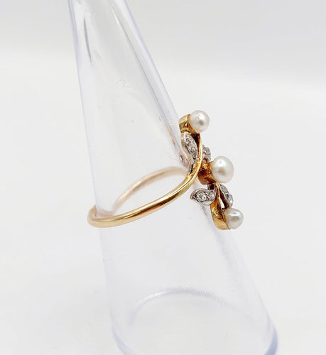 51 Bague fleur Art nouveau en or 18k, platine, perles et diamants 58 Facettes A07565