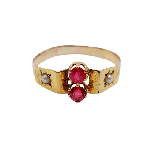 51 Bague toi et moi antique en or 18k, pierres rouges et perles 58 Facettes A07562