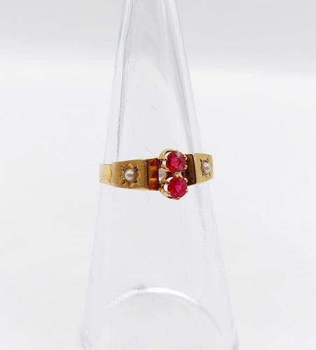 51 Bague toi et moi antique en or 18k, pierres rouges et perles 58 Facettes A07562