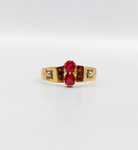 51 Bague toi et moi antique en or 18k, pierres rouges et perles 58 Facettes A07562