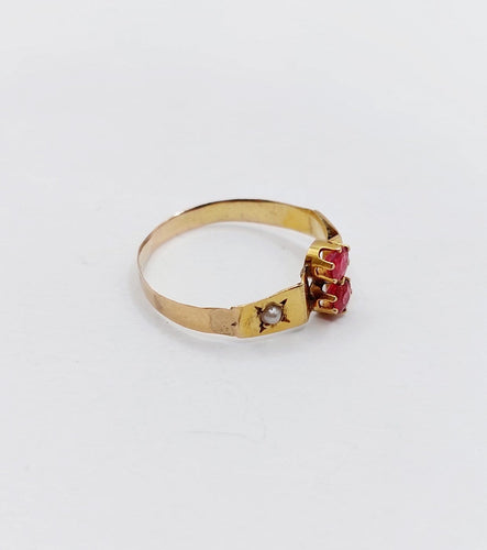 51 Bague toi et moi antique en or 18k, pierres rouges et perles 58 Facettes A07562