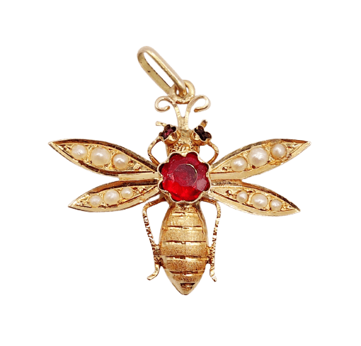Pendentif abeille victorien en or rose, grenat et perles 58 Facettes A07545