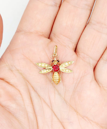 Pendentif abeille victorien en or rose, grenat et perles 58 Facettes A07545