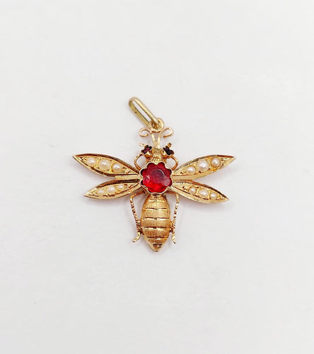 Pendentif abeille victorien en or rose, grenat et perles 58 Facettes A07545