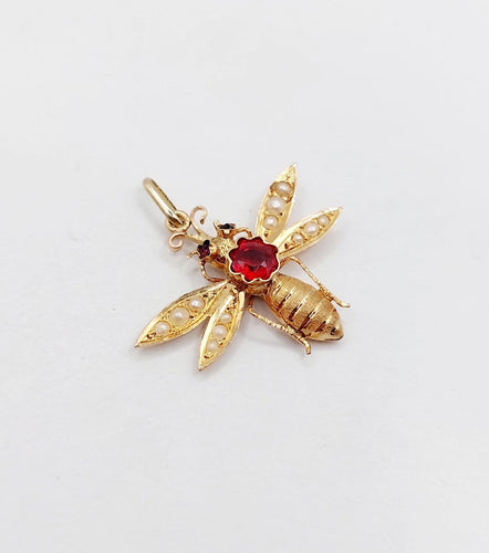 Pendentif abeille victorien en or rose, grenat et perles 58 Facettes A07545