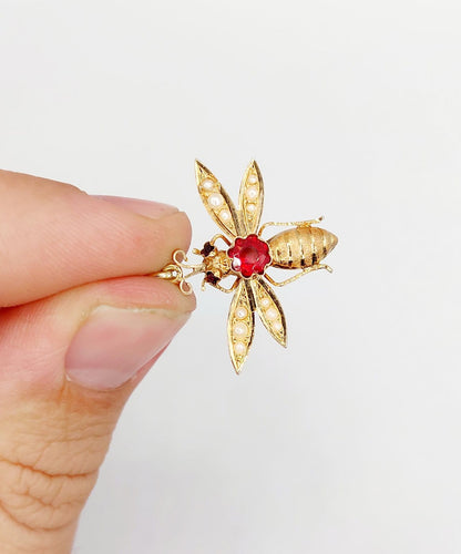 Pendentif abeille victorien en or rose, grenat et perles 58 Facettes A07545