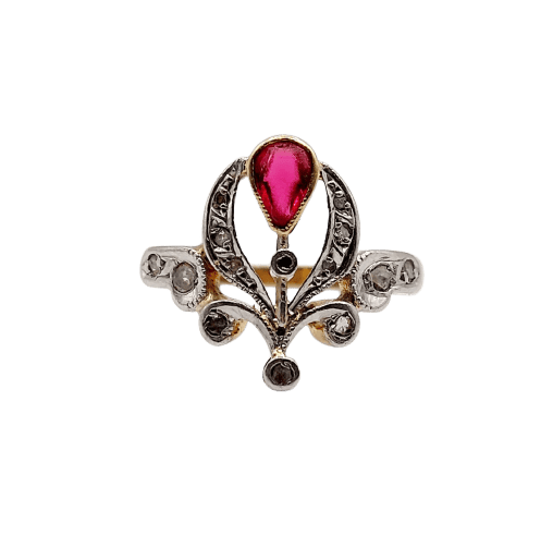 42 Bague duchesse antique en or rose 18k, pierre rouge et diamants 58 Facettes A07649