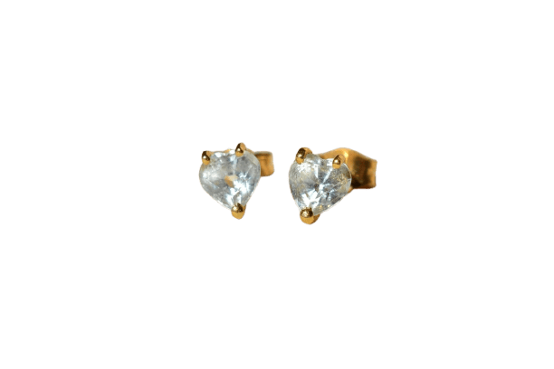 Puces d'oreilles cœur en or jaune et aigues-marines