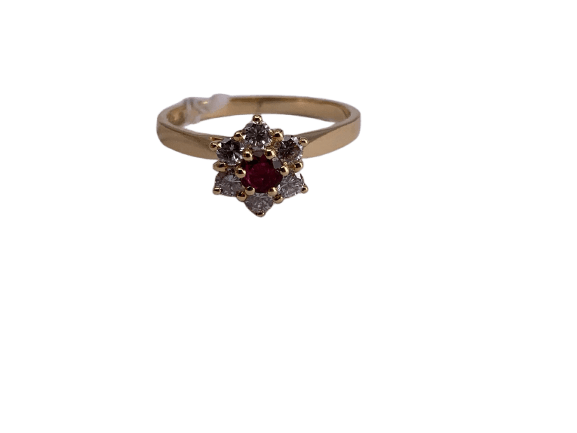 53 Bague marguerite ronde en or jaune, rubis et diamants 58 Facettes BA 217