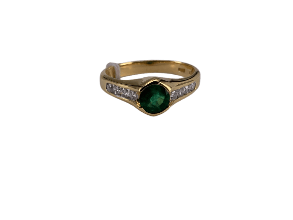 52 Bague vintage en or jaune avec émeraude serti clos et diamants 58 Facettes BA 640