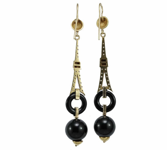 Art déco - Boucles d'oreilles en or, onyx et diamants 58 Facettes 3838