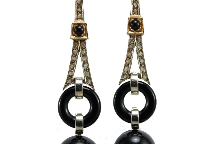 Art déco - Boucles d'oreilles en or, onyx et diamants 58 Facettes 3838