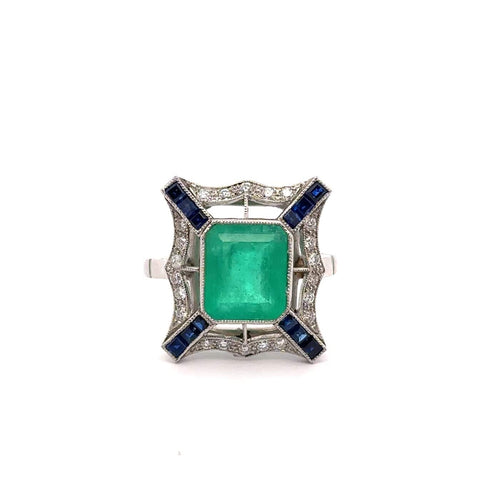 57 Eternal Green - Bague Art déco en platine, émeraude, saphirs et diamants 58 Facettes 50488