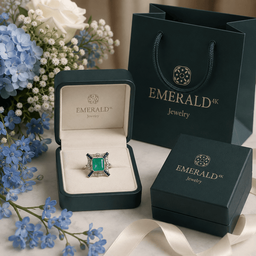 57 Eternal Green - Bague Art déco en platine, émeraude, saphirs et diamants 58 Facettes 50488