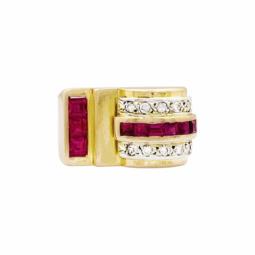 54 Tank - Bague en or jaune et blanc, rubis synthétiques et diamants 58 Facettes 35918