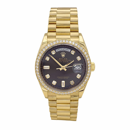 Rolex Oyster Perpetual Day-Date - Montre en or jaune et diamants 58 Facettes 35837