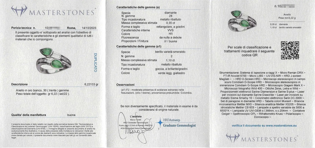 53 Bague contrarié en or blanc, émeraudes de Colombie et diamants 58 Facettes 13593