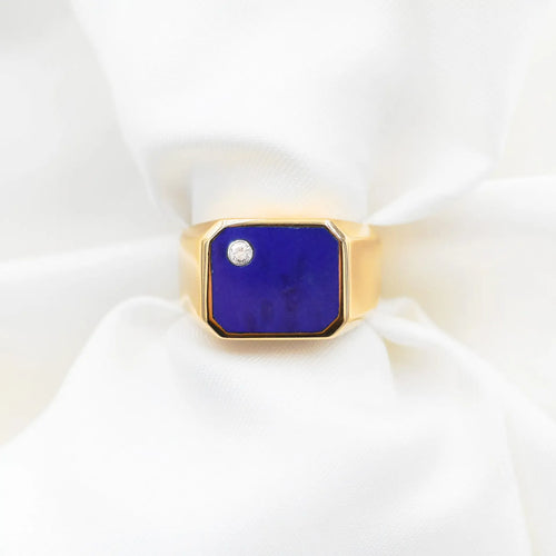 61 Bague en or jaune 585 avec émail bleu et diamant 58 Facettes 21453