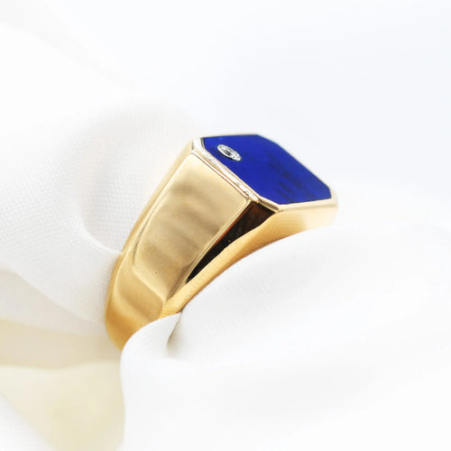 61 Bague en or jaune 585 avec émail bleu et diamant 58 Facettes 21453