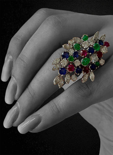 Bague I colori della vita - Bague en platine diamants, émeraudes, rubis et saphirs 58 Facettes