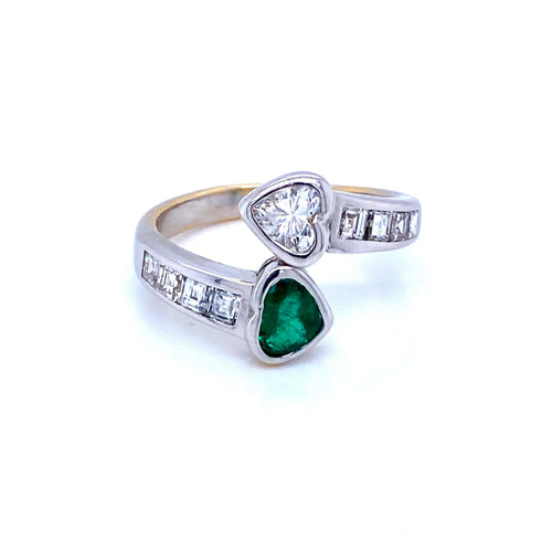Bague 59 Vous et Moi - Bague en or blanc 18k émeraude et diamants 58 Facettes