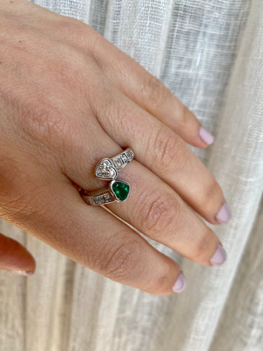Bague 59 Vous et Moi - Bague en or blanc 18k émeraude et diamants 58 Facettes