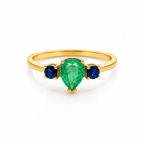 55 Drop of Nature - Bague en or jaune, émeraude et saphirs 58 Facettes 50490