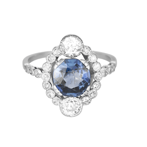 Bague Belle Époque en or gris, saphir non chauffé et diamants