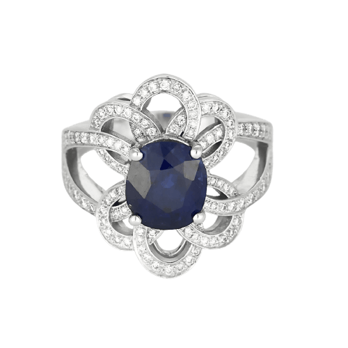 Bague florale en or blanc, diamants et saphir de Ceylan
