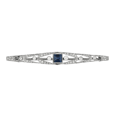 Art déco - Broche barrette en platine, saphir et diamants