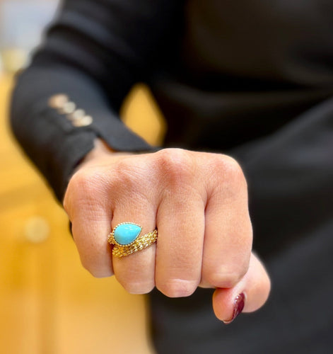 54 Boucheron Serpent Bohème - Bague en or jaune et turquoise 58 Facettes Sb
