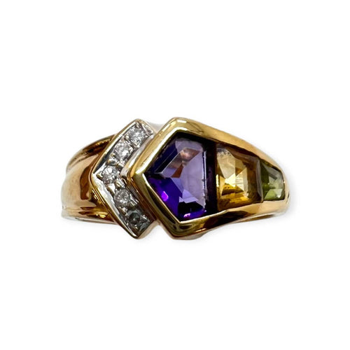 54 Bague en or jaune 18K, type améthyste, citrine, péridot et diamants 58 Facettes 330099407