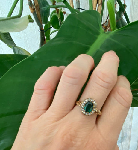 56 Bague édouardienne en or jaune 18K, doublet grenat vert et diamants 58 Facettes ring