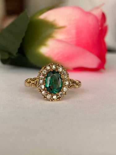 56 Bague édouardienne en or jaune 18K, doublet grenat vert et diamants 58 Facettes ring