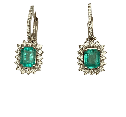 ALGT - Boucles d'oreilles pendantes en or blanc, émeraudes et diamants