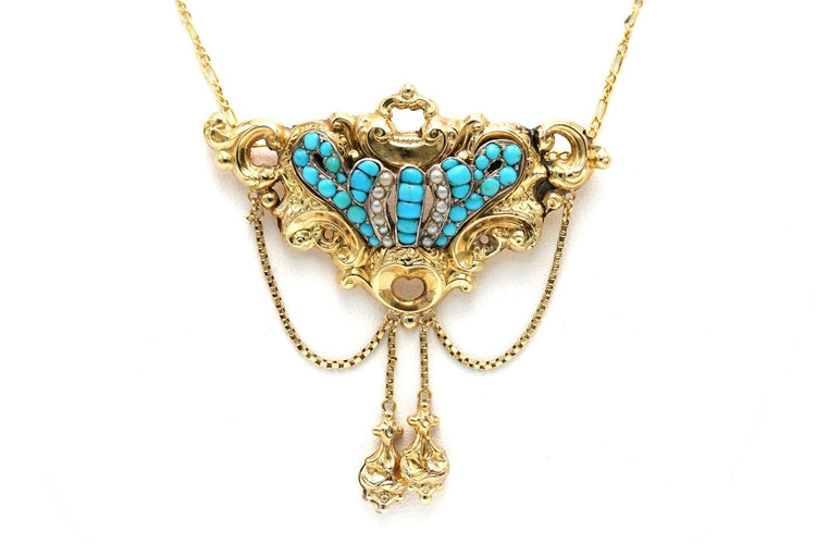 Napoléon III - Collier en or jaune, perles et turquoises 58 Facettes 23352