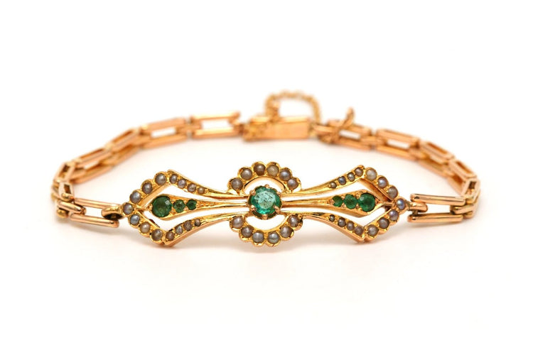 Art Nouveau - Bracelet en or jaune 18 carats, émeraudes et perles 58 Facettes 23682
