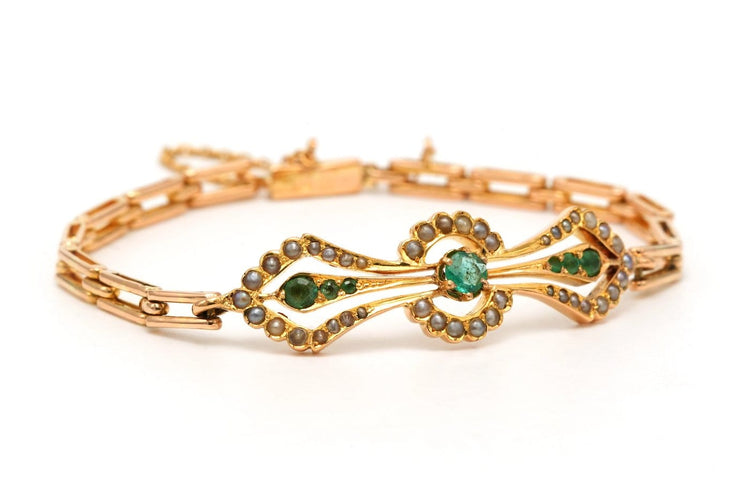 Art Nouveau - Bracelet en or jaune 18 carats, émeraudes et perles 58 Facettes 23682