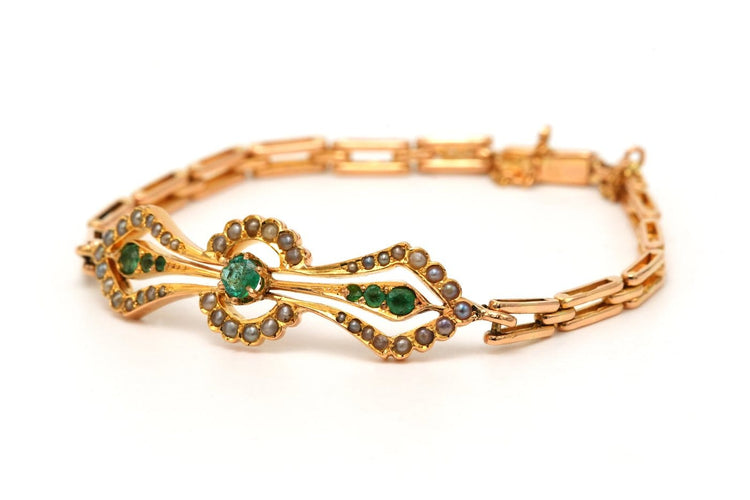 Art Nouveau - Bracelet en or jaune 18 carats, émeraudes et perles 58 Facettes 23682