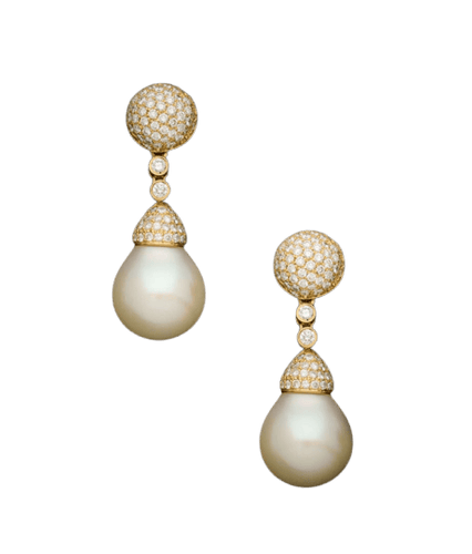 Boucles d'oreilles pendantes en or jaune, perles des Mers du Sud et diamants