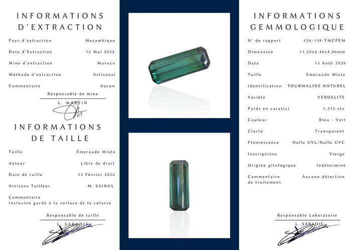 Tourmaline cuprifère - Pierre 1,315 ct bleu-vert du Mozambique 58 Facettes #26-138-TMCPEM