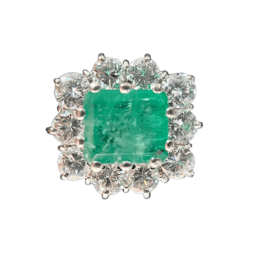 Bague marguerite en or blanc, émeraude et diamants