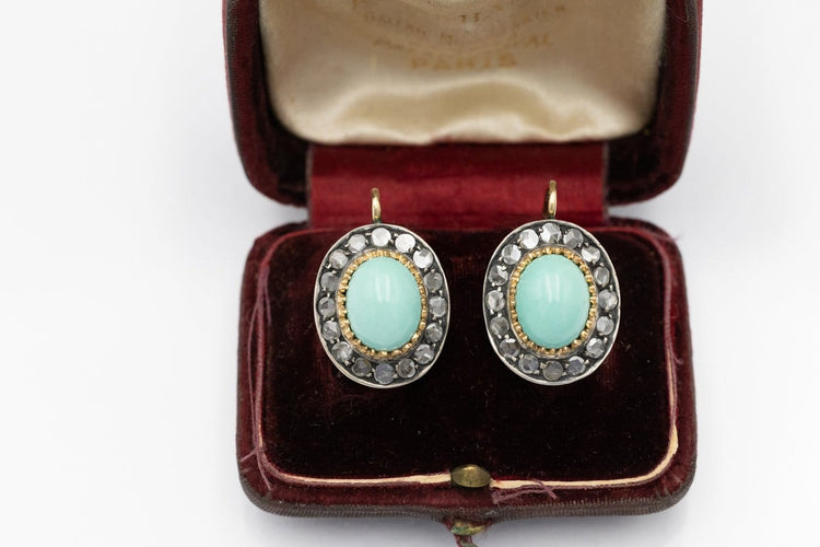 Boucles d'oreilles en or jaune, argent, diamants et turquoises 58 Facettes 13529